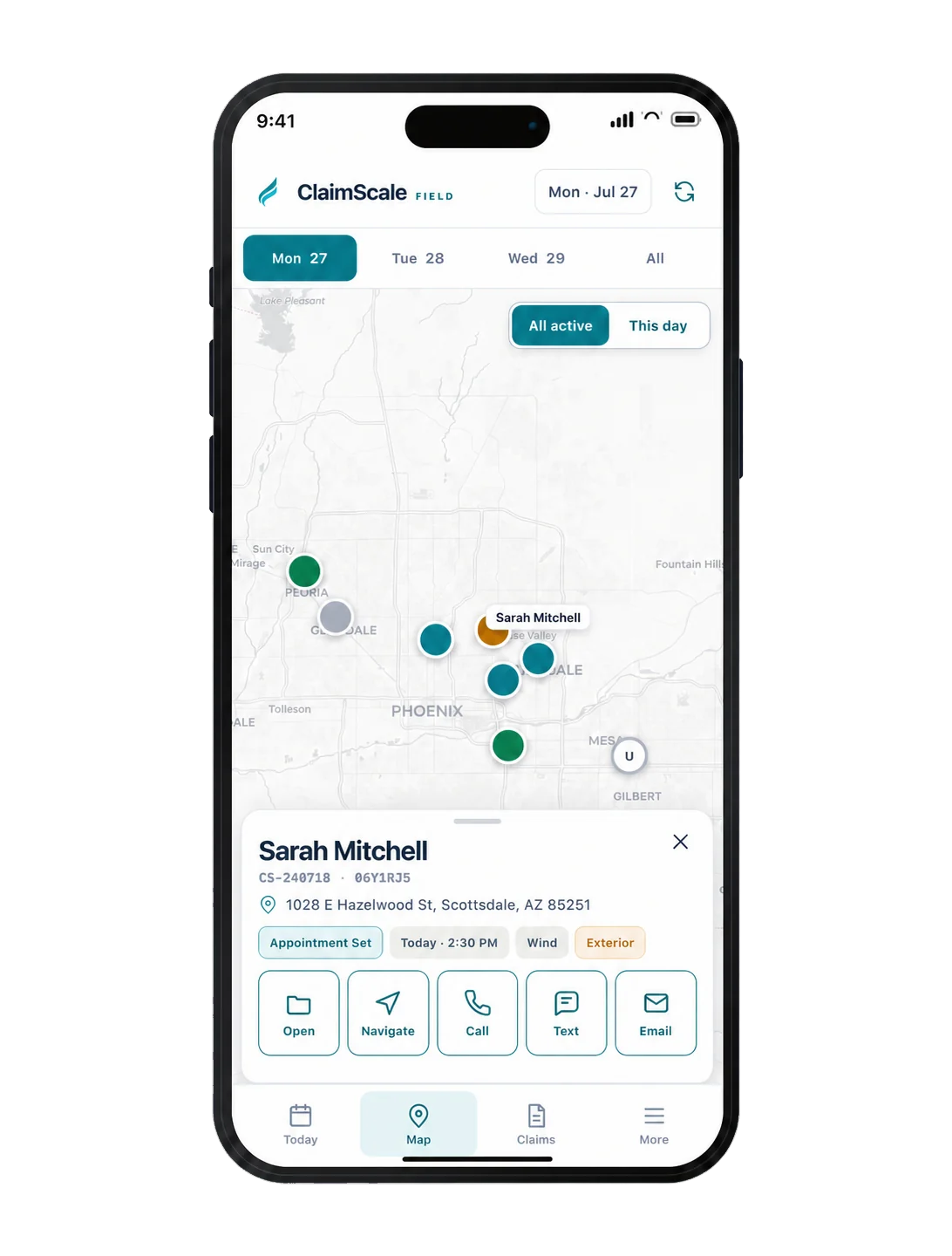 ClaimScale Field map showing active assignments and claim information