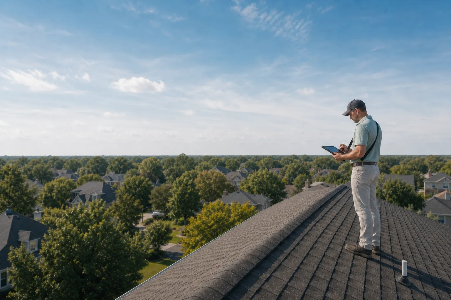 Independent property adjuster documenting a roof inspection on a strapped tablet